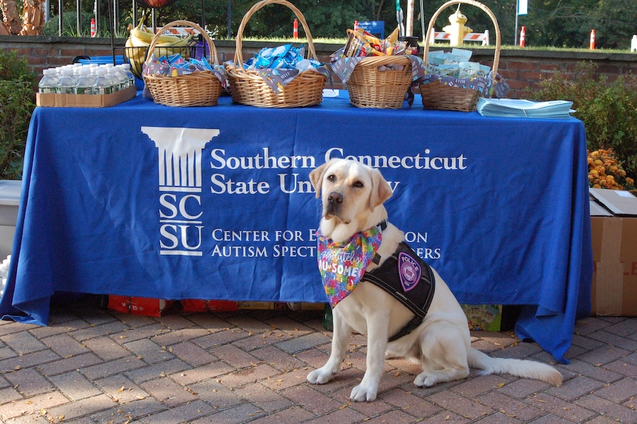 Dog in front of an Autism Spectrum Disorders booth