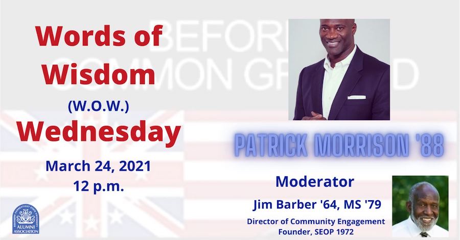 A poster promoting Alumni's Words of Wisdom event with Patrick Morrison