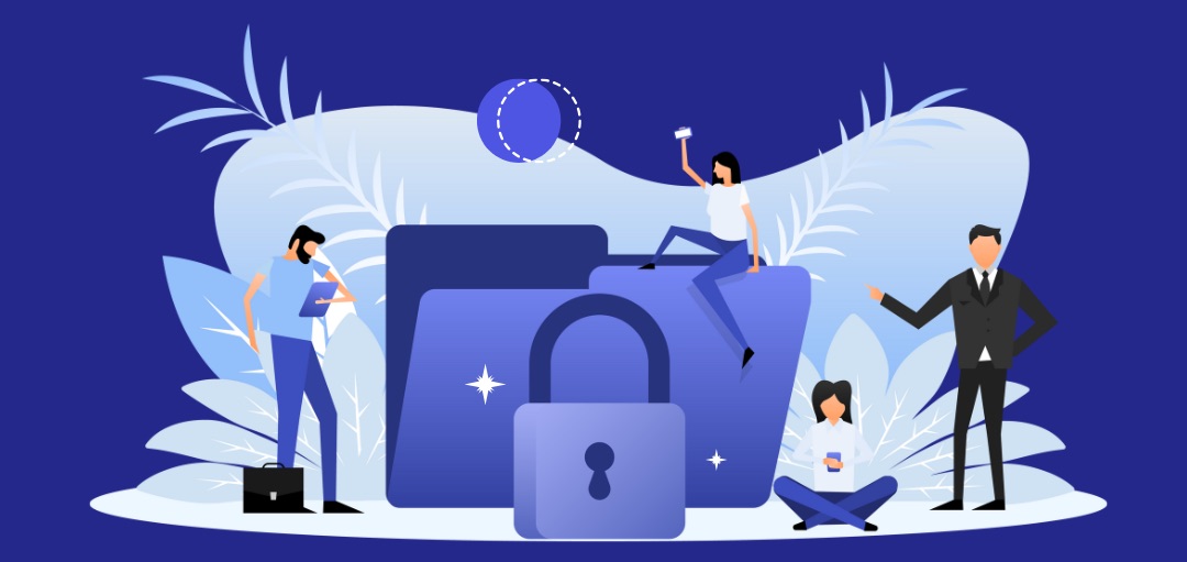 Graphic of four people and a folder with a lock in front